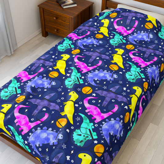 Velveteen Plush Blanket — Colorful Neon Dinosaur Pattern Cozy Minky Throw
