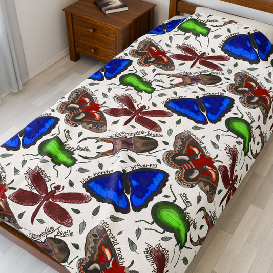 Watercolor Insect Velveteen Plush Blanket — Colorful Moth, Butterfly, Dragonfly Pattern