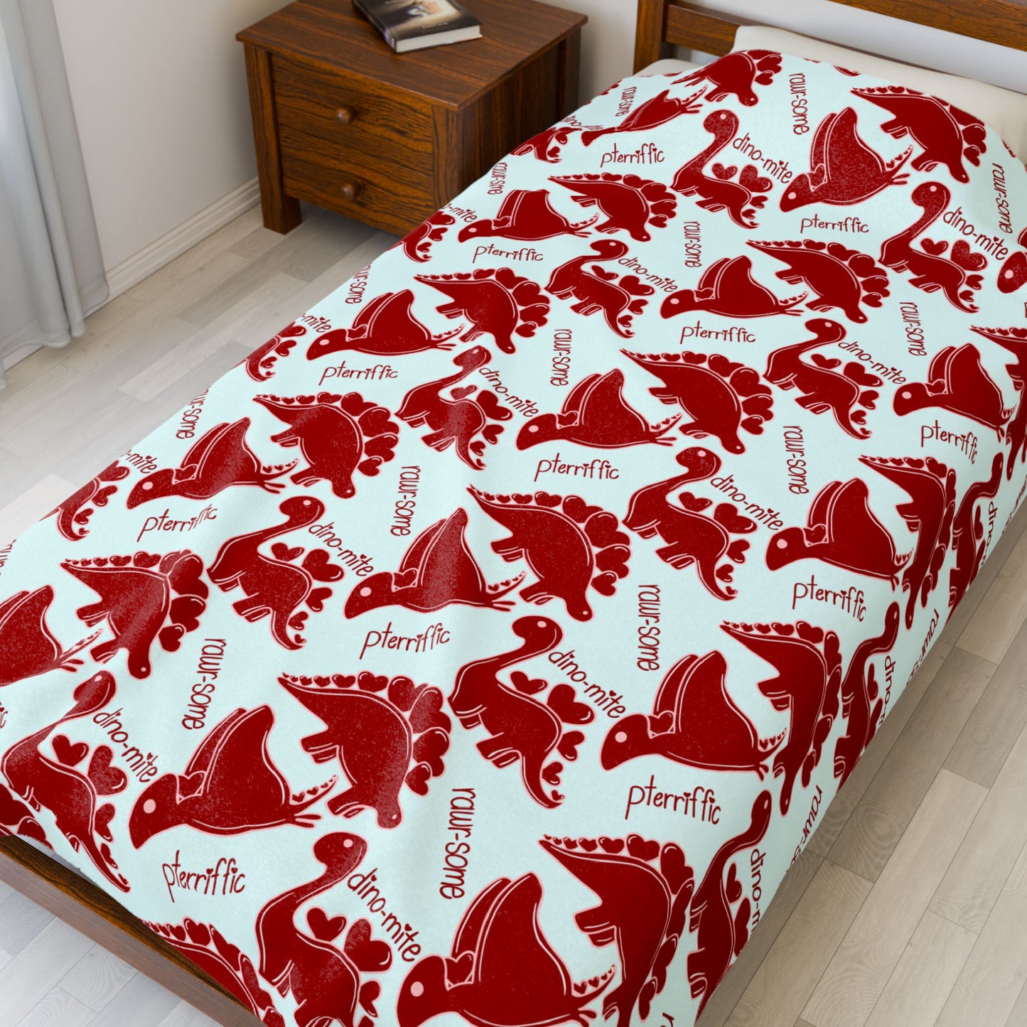 Red and Blue Dinosaur Plush Blanket - Cozy Velveteen Valentine Stegosaurus Throw