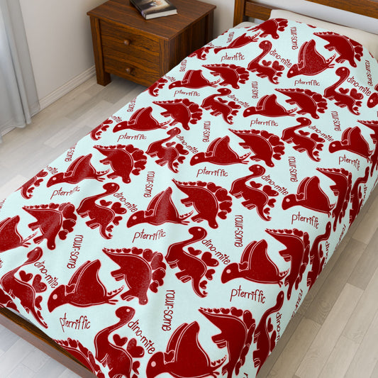 Red and Blue Dinosaur Plush Blanket - Cozy Velveteen Valentine Stegosaurus Throw