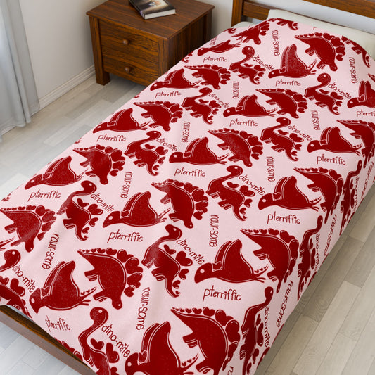 Valentine Dino Velveteen Plush Blanket – Red Dinosaur Love Pattern