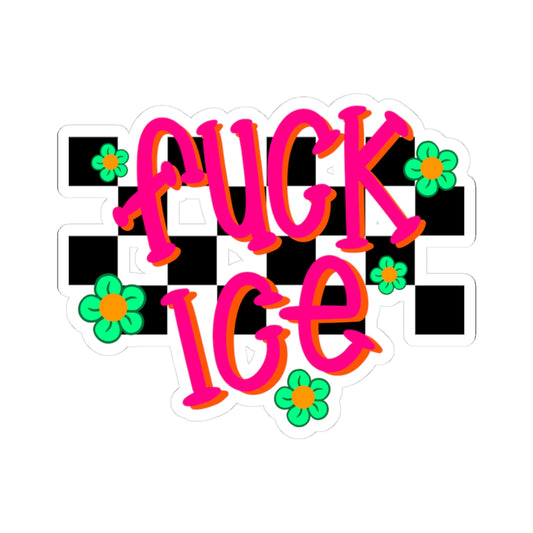 “F*ck ICE” Checkerboard Floral Kiss-Cut Sticker