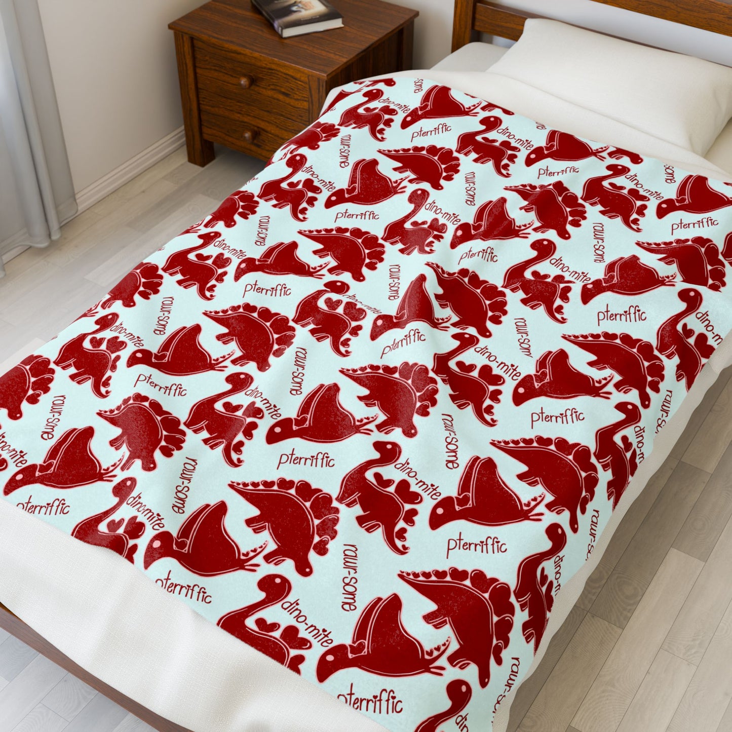 Red and Blue Dinosaur Plush Blanket - Cozy Velveteen Valentine Stegosaurus Throw