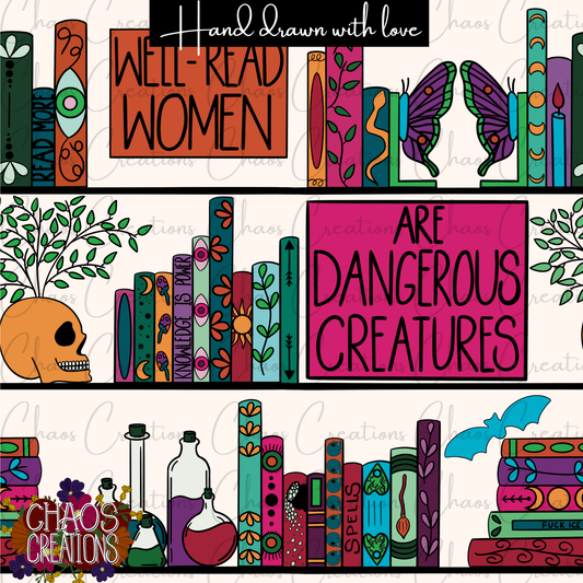 Witchy bookshelf, jewel tones