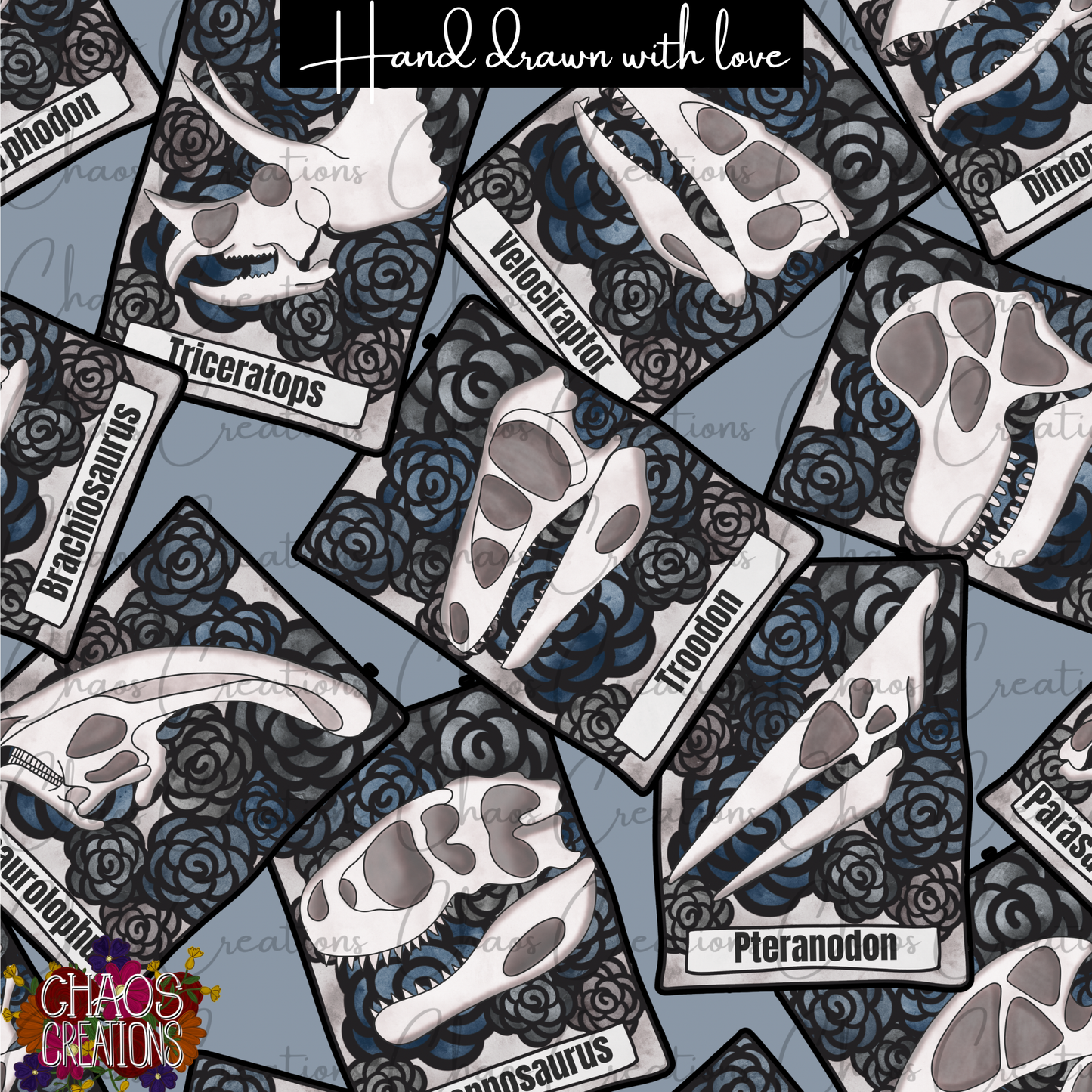 Floral Tarot Dino Skulls, blue